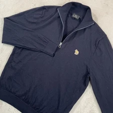 Paul Smith 1/4 Zip Zebra Logo Jumper Men Large Navy Blue 100% Wool Designer Lux