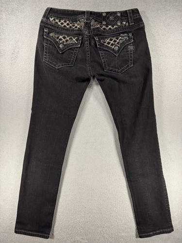 Miss Me Jeans Sz 32 Signature Skinny Sequined Rhinestone Pockets Black Jeans - Picture 13 of 19