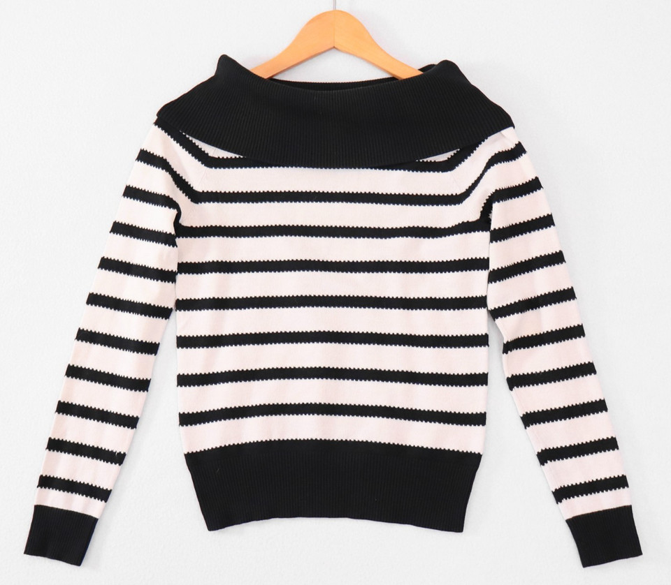 Review Knit Jumper Size 10 Black White Striped Roll Neck Boat Neck Off Shoulder