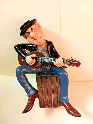 Whimsical Sitting Guitarist Statue Figurine /Hand Painted Resin