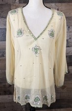 Boho Sheer Beaded Kimono Tunic Duster Top Mandala Embroidered Beach Coverup S