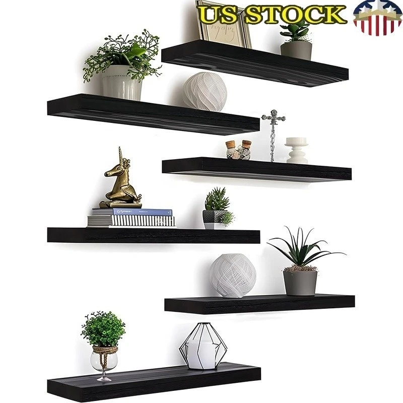 Black Floating Wall Shelves Rustic Storage Bedroom Set of 6 Easy Installation US