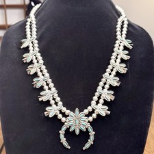 Vtg Navajo Sterling Silver Turquoise Squash Blossom Necklace Petit Point 106g