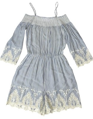 Hallhuber Womens Lt Blue White Striped Romper Shorts Embroidered Sleeves US Sz 2
