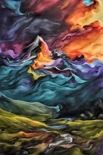 ACEO Abstract Mountain Landscape Art Card Print … Vibrant Swirling Color Clouds