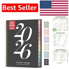 Durable Black 2026 Planner - 8.5” x 11” Weekly & Monthly Agenda for Goal Setting