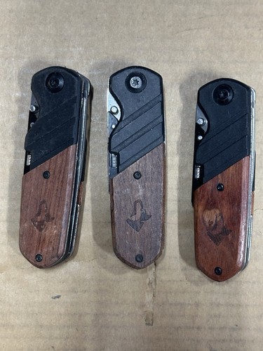 Menge 3 Husky Holzgriff Mehrzweckmesser mit Allzweckklinge und Wellenschliff