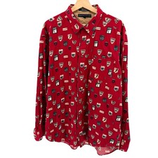 Vintage 90s Tommy Hilfiger Red 100 Cotton AOP Ski Icons Button Down Shirt