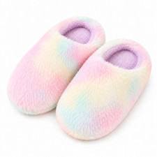Girls Faux Fur Slippers Plush House Shoes Pastel Rainbow Memory Foam Indoor Shoe