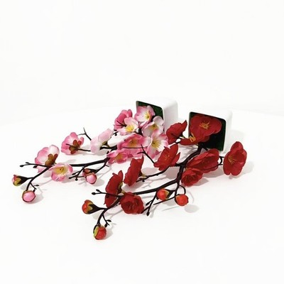 Fake Plum Blossom Bonsai Artificial Flower Pot Square Base Decor for Home