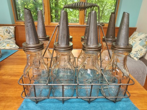 HUFFMAN Motor Oil Bottles (8) Vintage Originals with Rack & Tin Spouts EXCELLENT