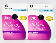 2 L'eggs Silken Mist Control Top Ultra Sheer Run Resistant Tights JET BLACK Sz B
