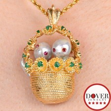 Estate Pearl Onyx Ruby 14K Gold Textured Bird Basket Pin Pendant 17.8 Gr NR