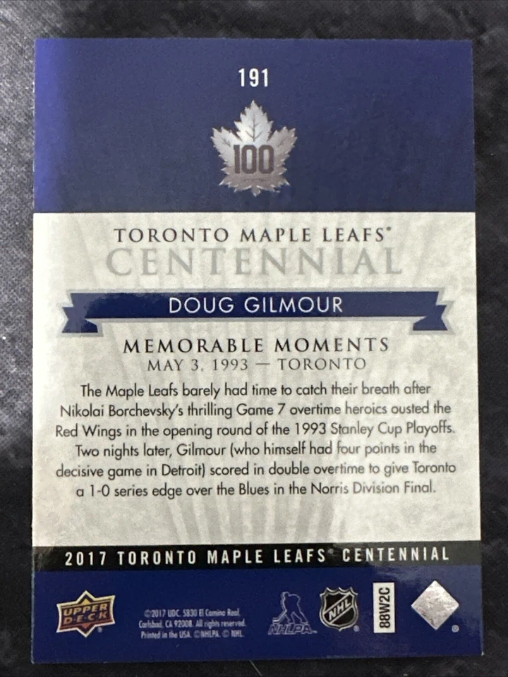 2017-18 Upper Deck Toronto Maple Leafs Centennial 191 Doug Gilmour - Image 2 of 2