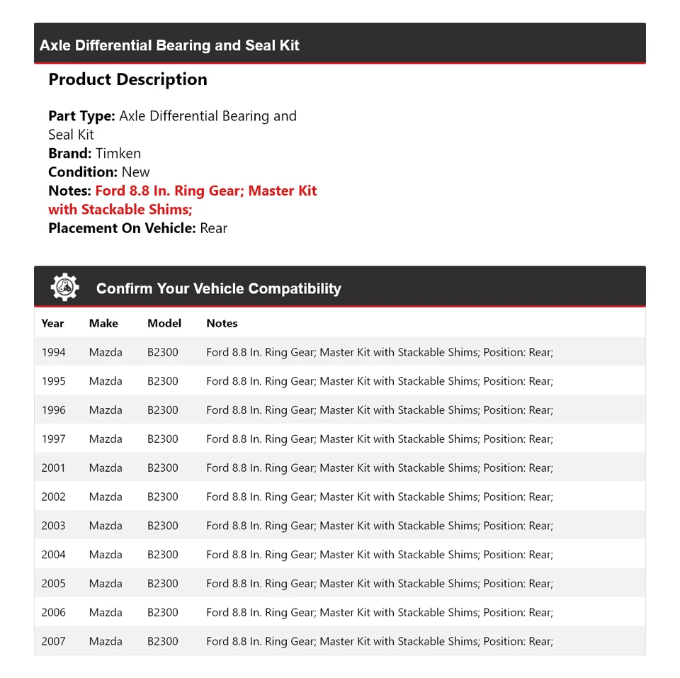 For 1994-1997, 2001-2007 Mazda B2300 Axle Differential Bearing  Seal Kit Ti - Image 2 of 3