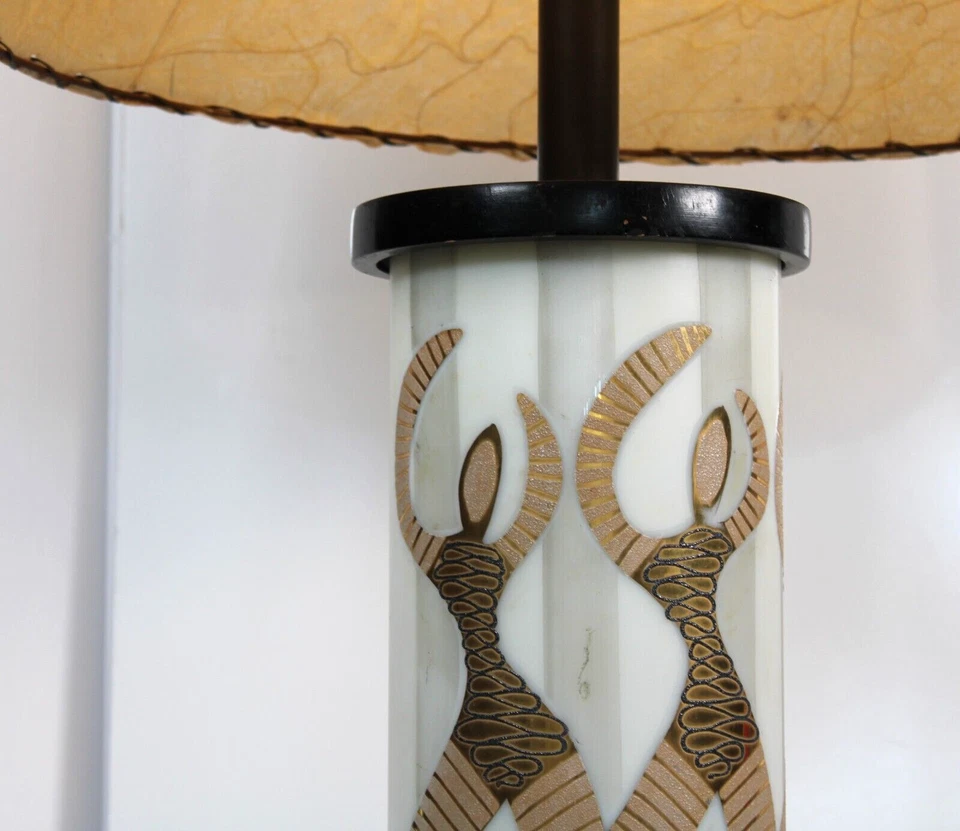Mid Century Glass Lamp With Dancers And Shade Wooden Base - Image 3 of 4