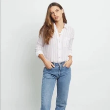 Rails Ellis Gauzy Cotton Button Down Shirt White Pink Gem Stripe size small