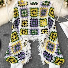 Lady Ethnic Tasseled Knit Blouse Hollowed Crop Top Soft Casual Daily Office Chic