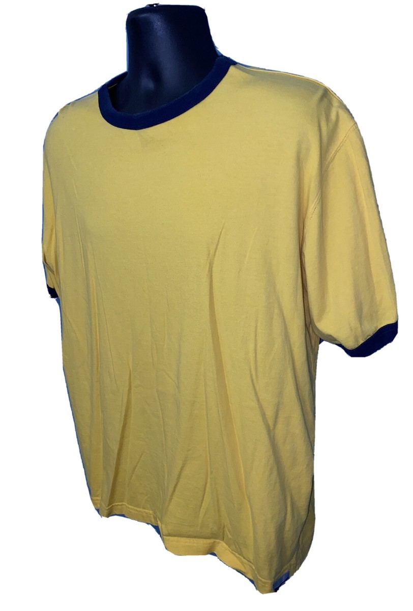 VINTAGE Anchor Blue Basic Ringer Shirt 90s Cotton Yellow XL