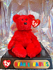 TY RETIRED Original Beanie Babies - SIZZLE - Bright Red Bear with Red Ribbon