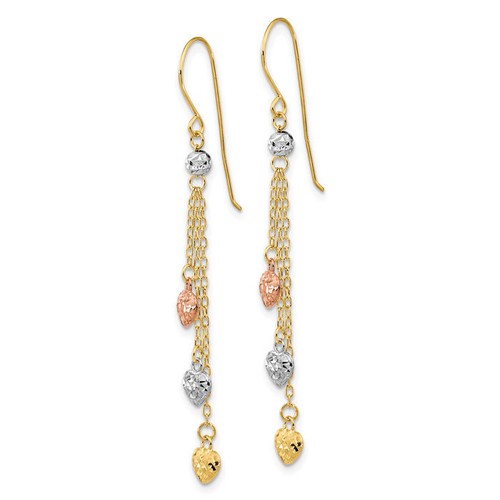 14K Solid Tri Color Gold Triple Heart Dangle Earrings - Picture 3 of 4