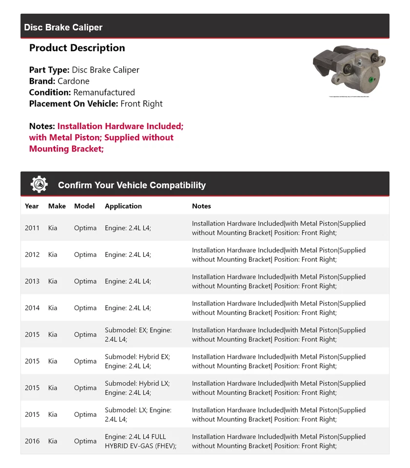 Para 2011-2016 Kia Optima pinça de freio a disco dianteira direita Cardone 2012 2013 2014 - Imagem 2 de 4