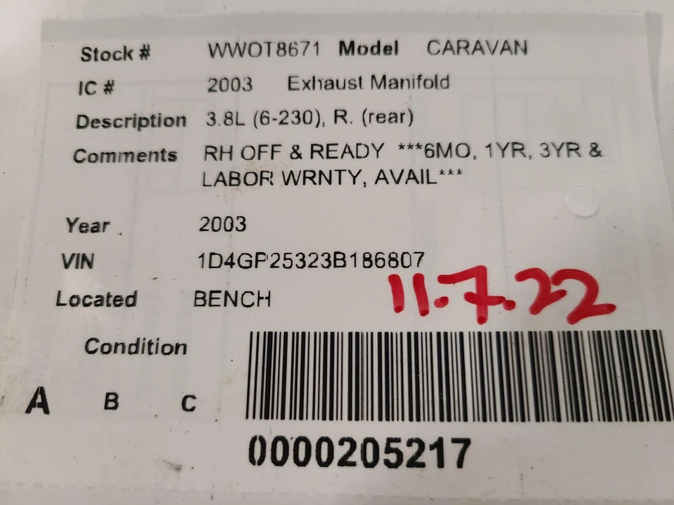 Used Rear Right Exhaust Manifold fits: 2003 Dodge Caravan R. rear Rear Right Gra - Image 3 of 4