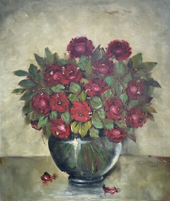 Impressionist Floral Still Life with Red Roses Oil Painting Art Nouveau 70x60cm 