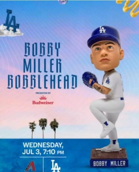 LA Dodgers Bobby Miller Bobblehead 7/3 SGA Stadium Give Away