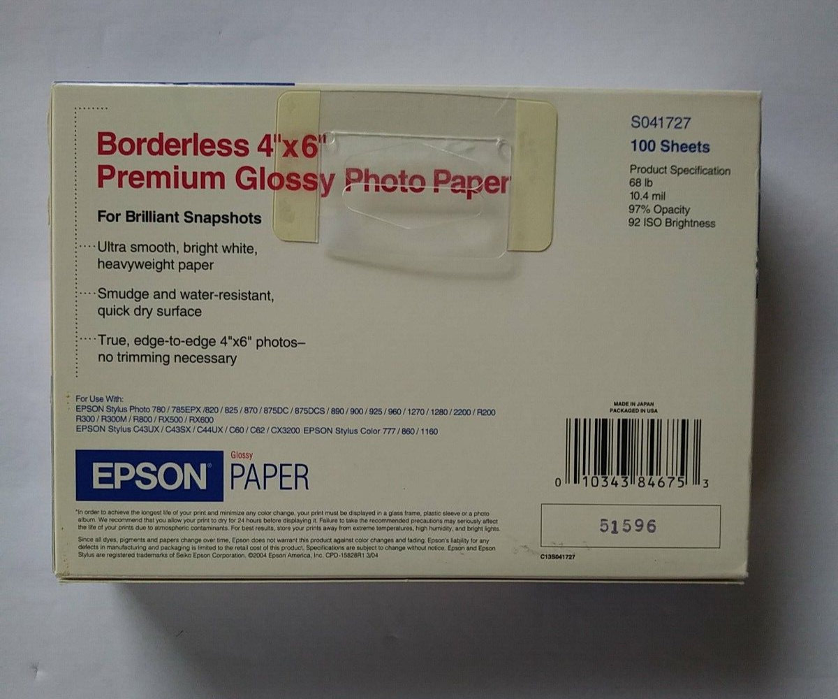 Epson S041727 Borderless 4" x 6" Premium Glossy Photo Paper 100