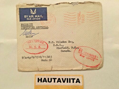 Canada Artillery 9th War Office Envelope Mar 1960 Winfield BC Airmail Priority
