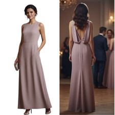 Dessy Collection Vivian Diamond Formal Maxi Dress Women's Size 14 Taupe Crepe