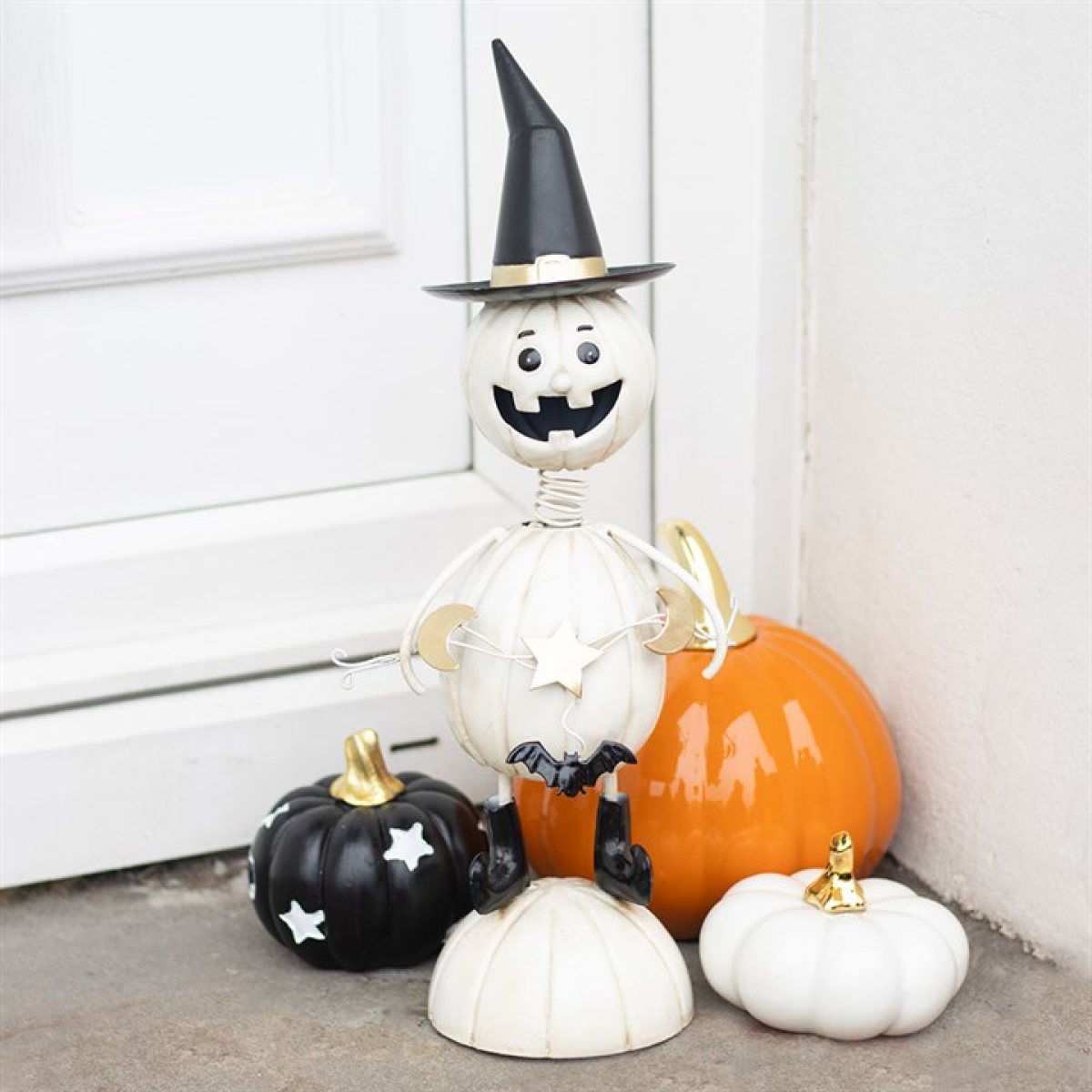 White Metal Pumpkin Man Halloween Ornament with Witch Hat
