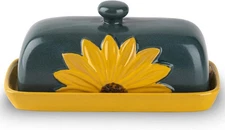 Ceramic Butter Keeper, Butter Dish with Lid - Large Sunflower Butter Container