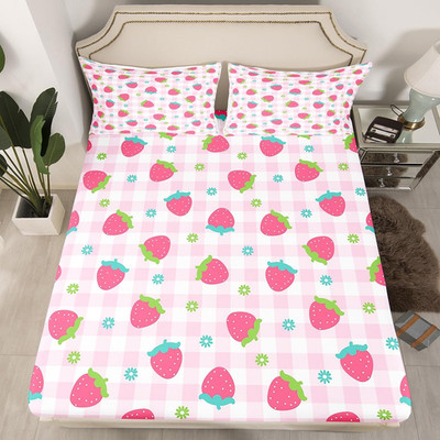 Feelyou Girls Strawberry Bed Sheet Set Full Kids Pink Buffalo Check Bedding Set