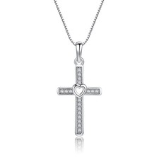 925 Sterling Silver Cross Necklace with CZs and Heart for First Communion Gif...