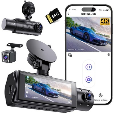4K WiFi Dash Cam Front and Rear Inside, Free 64G SD Card, 2160P+1080P+1080P F...