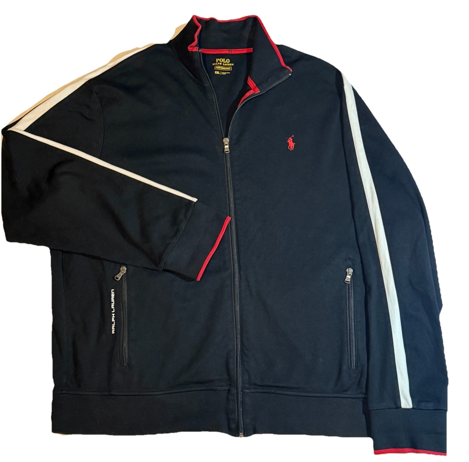 Polo Ralph Lauren nera track jacket rosso pony bianco righe zip uomo taglia XXL
