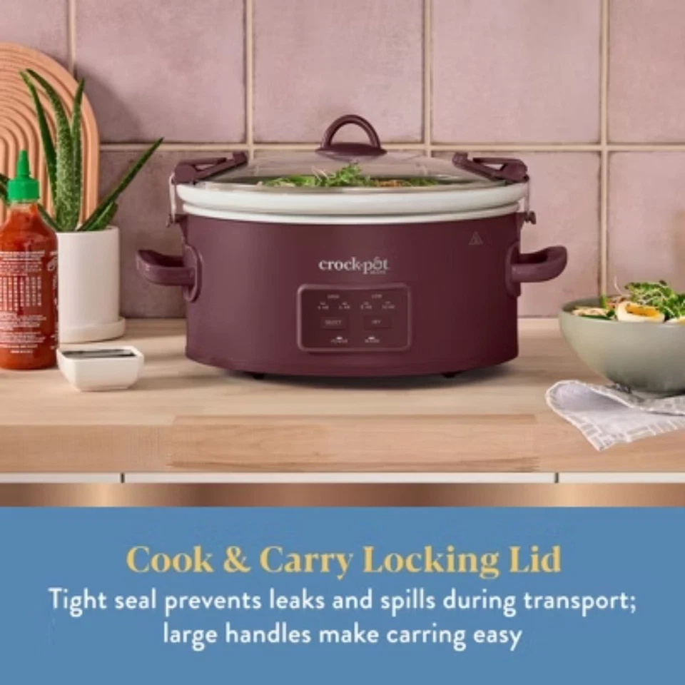 Panela lenta Crock-Pot 6 qt Cook & Carry - Programável, 3 configurações, vermelha - Imagem 2 de 4