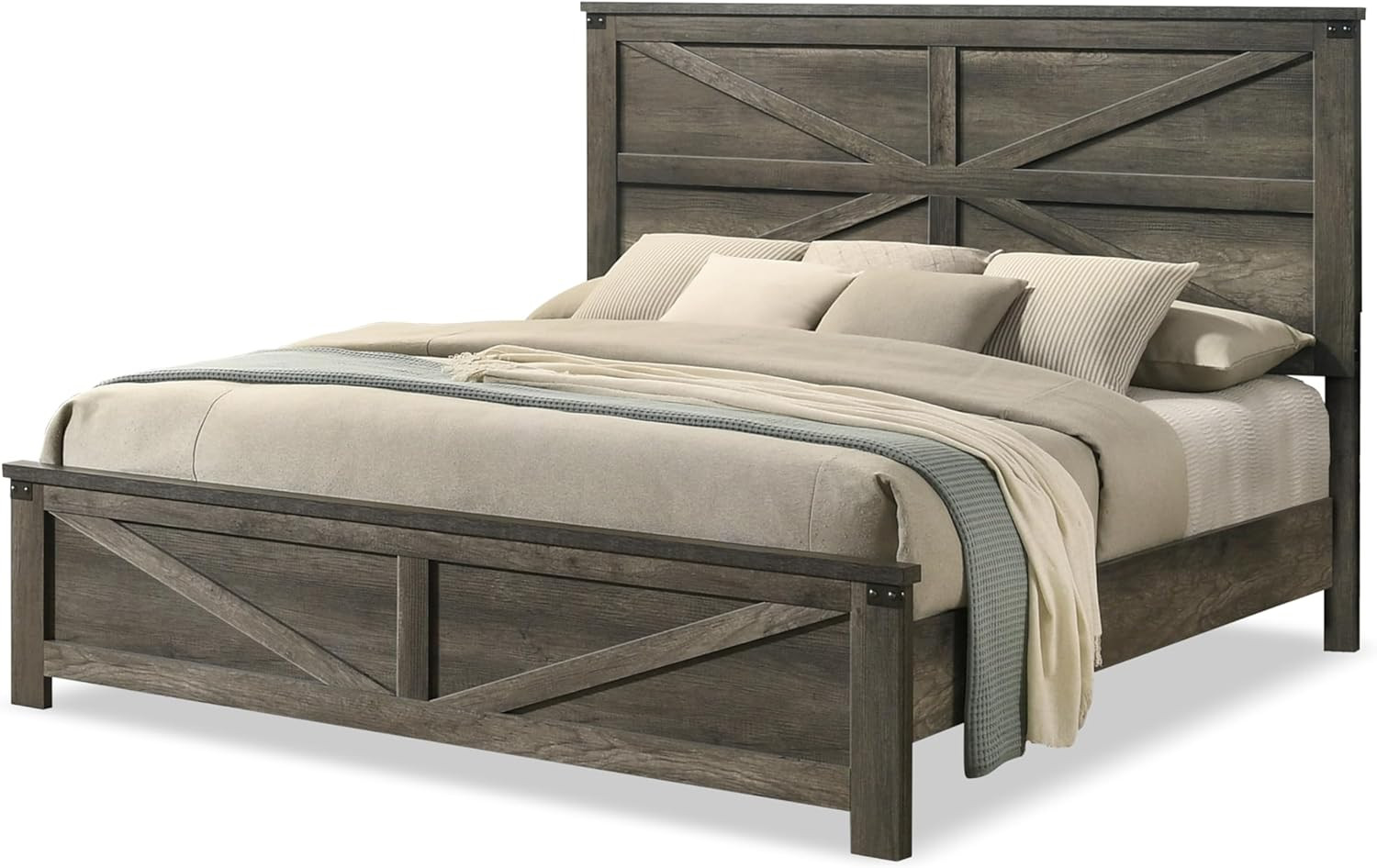 Farmhouse Solid Wood Queen Bed Frame with Barn Door Headboard, Rustic Grey