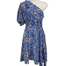 Nine West One Shoulder Belted Mini Blue Animal Print Party Summer Dress sz L