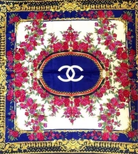 Good condition vintage large CHANEL scarf COCO mark floral gold