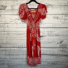 Womens Jessica Taylor Red White Floral Boho Vacation Beach Flowy SS Maxi Dress S