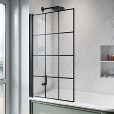 Over Bath Shower Screen Black Grid Framed Pivot Hinged Door Glass Panel 800mm