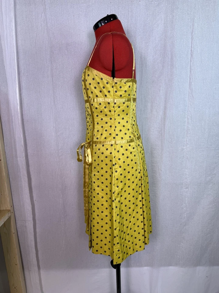 Barami Womens  Dress Yellow Polka Dot Tie Waist Fit and Flare Size 8 Mini E432 - Image 4 of 4