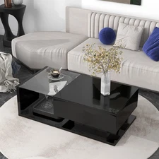 ON-TREND Modern Coffee Table with Tempered Glass,Wooden Cocktail Table with Hig