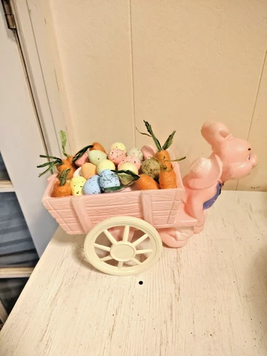 Vintage Pink Plastic Easter Bunny with Wagon Full of Eggs