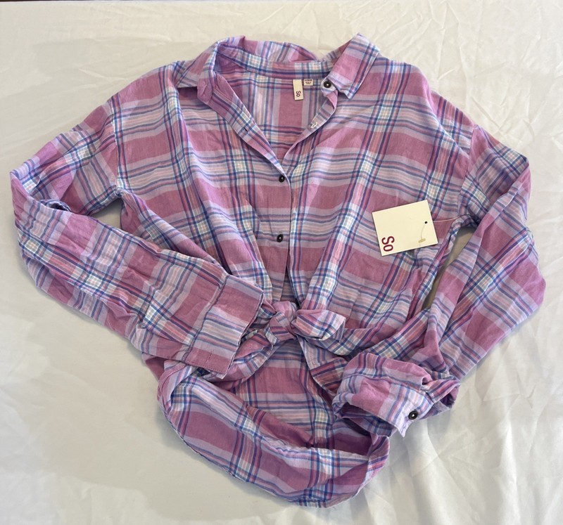 So NWT  Girls Size XL (14/16) Pink Plaid Tie Front Button Up Collared Flannel