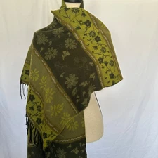 Dennis Basso Oversized Scarf Green Floral Wrap Shawl Fringe 72" x 40" Italy