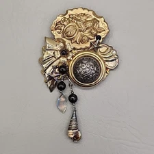 Vtg Brooch Handmade Gold Tone Collage Dangles Jewelry Pin Reconstructed 4.5"